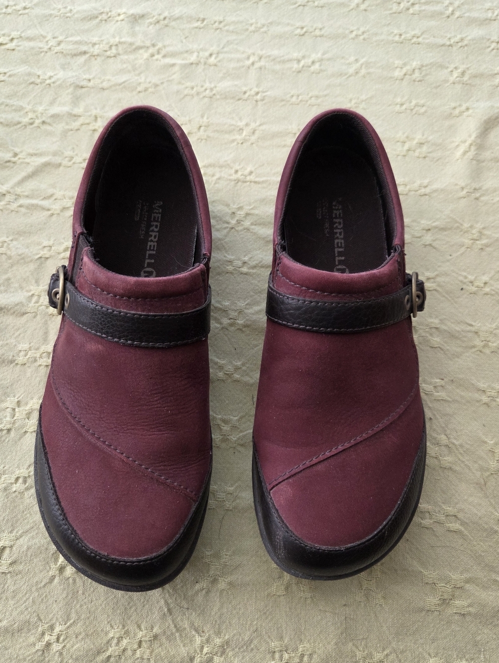 Merrell Burgundy and Black Slip-On Clogs